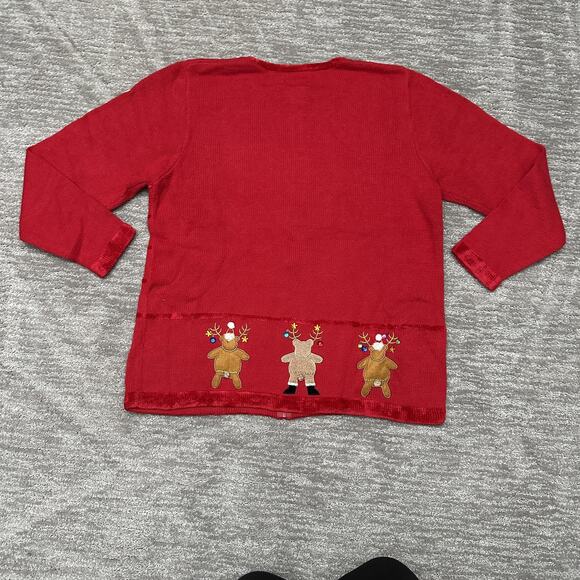 Quacker Factory Sweater Womens Large Red Christmas Reindeer Gingerbread Zip - Picture 6 of 12